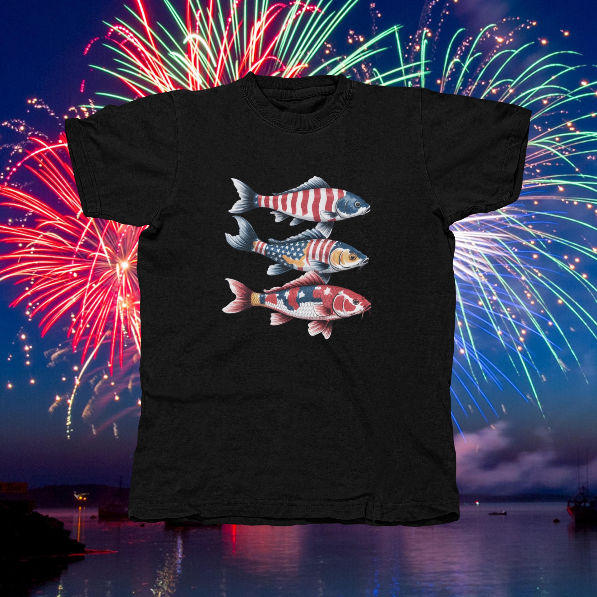 RED, WHITE & BLUE FISH - front of shirt