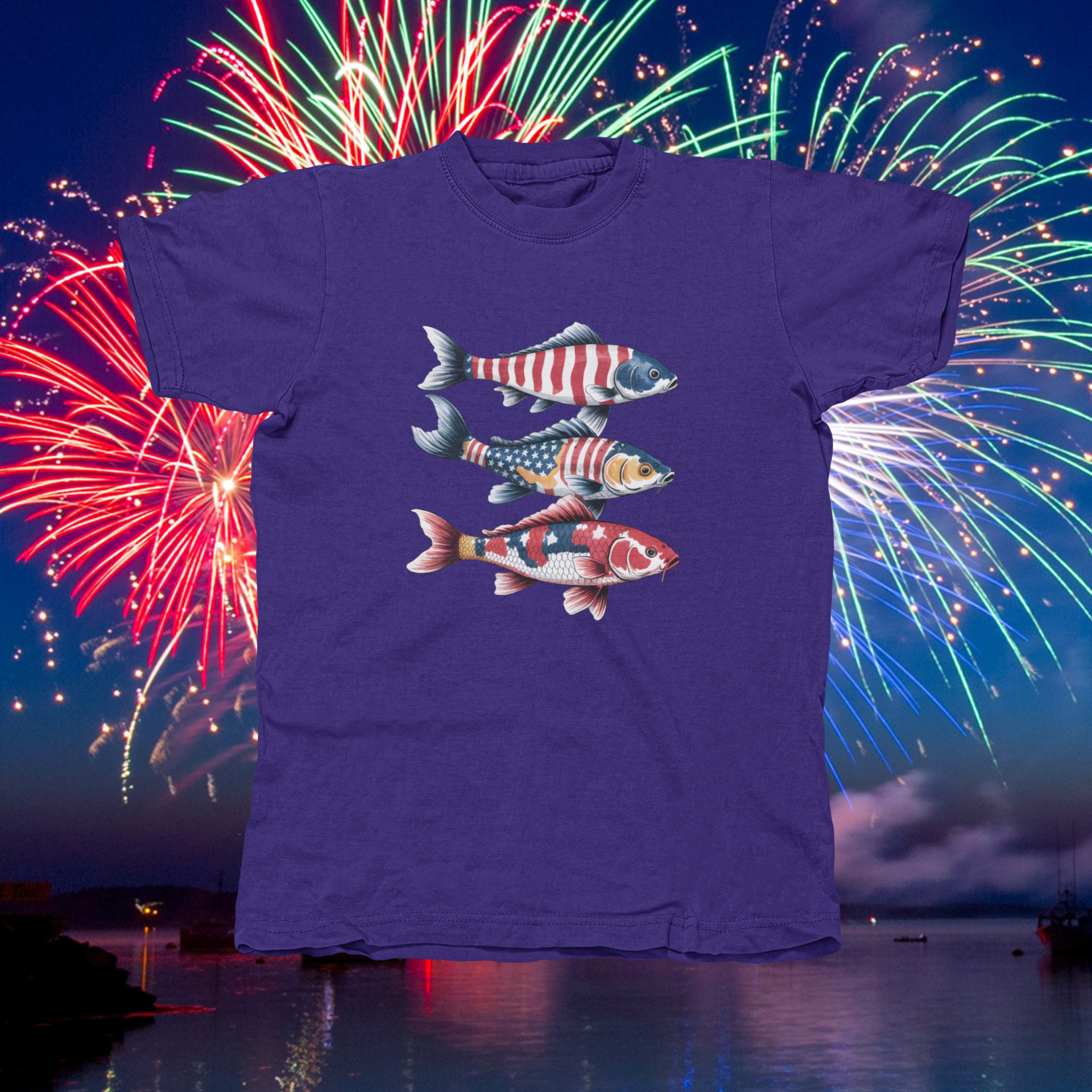 RED, WHITE & BLUE FISH - front of shirt