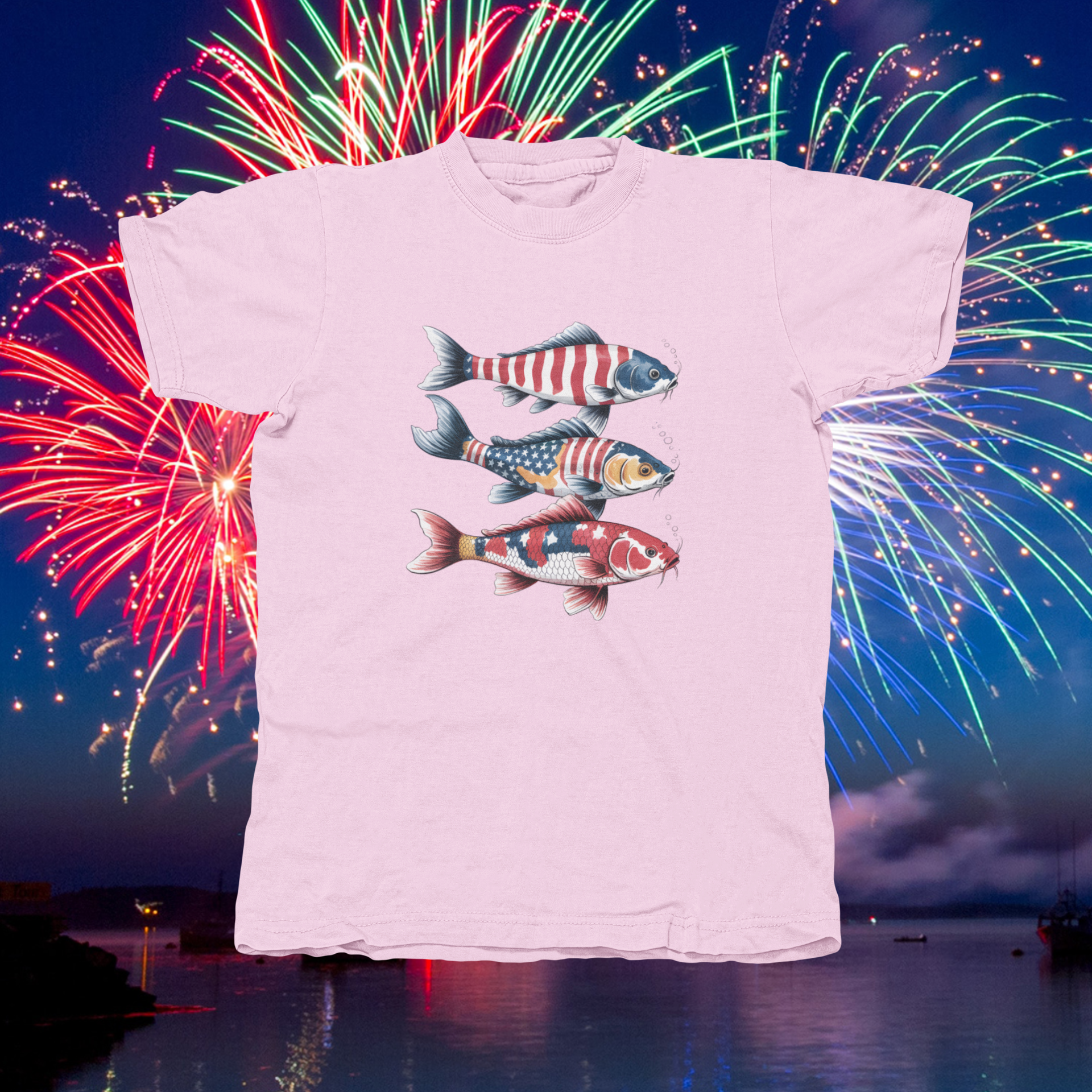 RED, WHITE & BLUE FISH - front of shirt