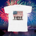 Load image into Gallery viewer, AMERICAN FLAG WITH SOLDIERS LAND OF THE FREE BECAUSE OF THE BRAVE- front of tee
