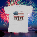 Load image into Gallery viewer, AMERICAN FLAG WITH SOLDIERS LAND OF THE FREE BECAUSE OF THE BRAVE- front of tee
