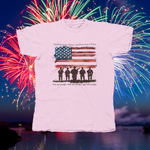 Load image into Gallery viewer, AMERICAN FLAG WITH SOLDIERS LAND OF THE FREE BECAUSE OF THE BRAVE- front of tee
