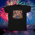 Load image into Gallery viewer, COW WITH USA GLASSES, FIREWORKS &amp; SUNFLOWERS - front of tee
