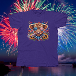 Load image into Gallery viewer, COW WITH USA GLASSES, FIREWORKS &amp; SUNFLOWERS - front of tee
