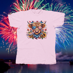 Load image into Gallery viewer, COW WITH USA GLASSES, FIREWORKS &amp; SUNFLOWERS - front of tee
