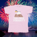 Load image into Gallery viewer, EAGLE WITH USA FLAG GLASSES "YOU FREE TONIGHT?" - front of tee
