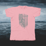 Load image into Gallery viewer, Lineman/Linewoman On Pole With Flag In Back - Gray - front of tee
