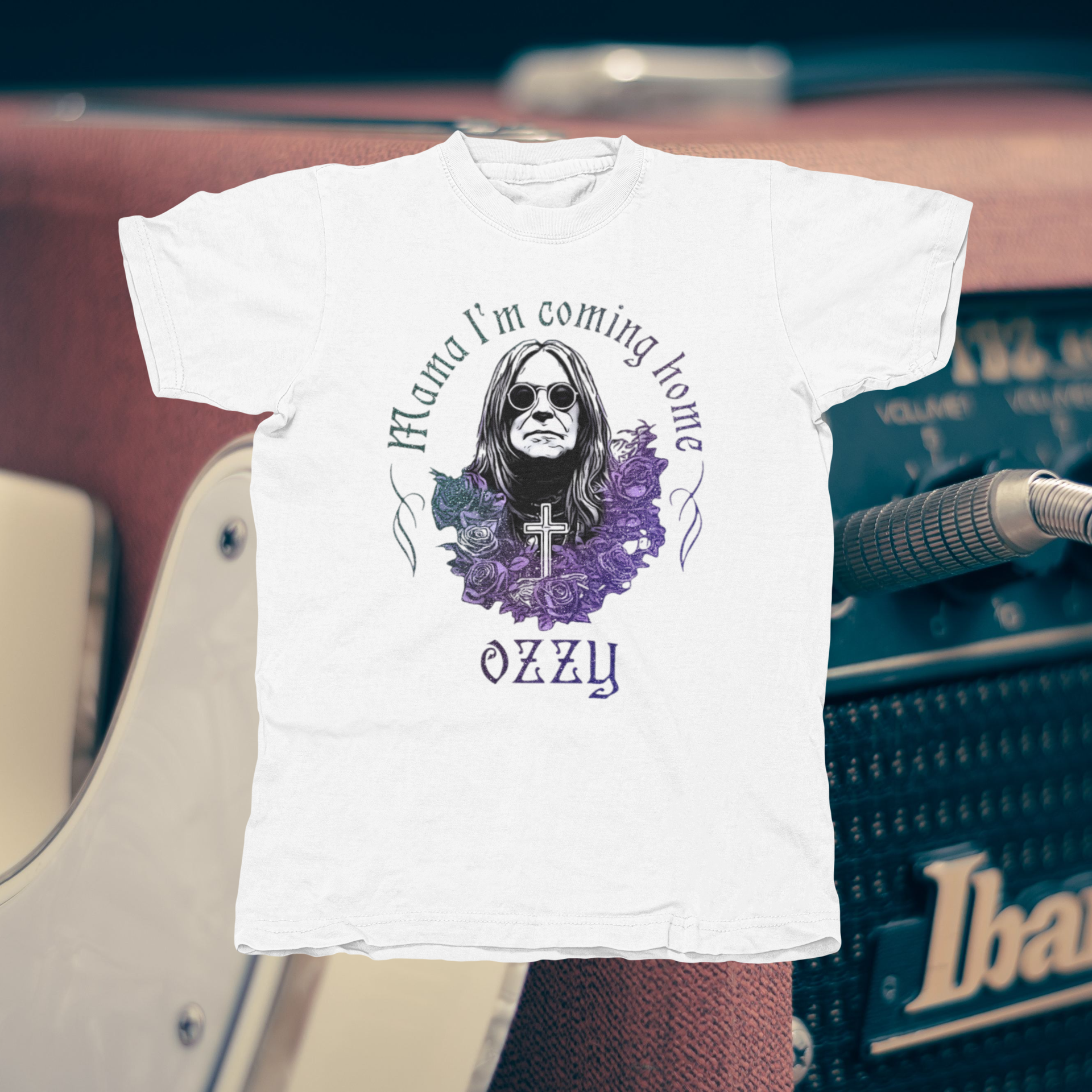 Ozzy Osbourne Mama I'm Coming Home With Purple Flowers - front of tee