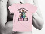 Load image into Gallery viewer, Fighting For Boobies - Black Letters (2 Ribbons as O's) - back of tee
