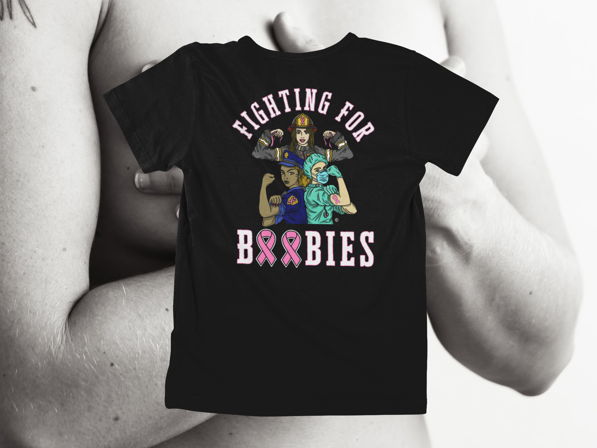 Fighting For Boobies - White With Pink Letters (2 Ribbons as O's) - back of tee