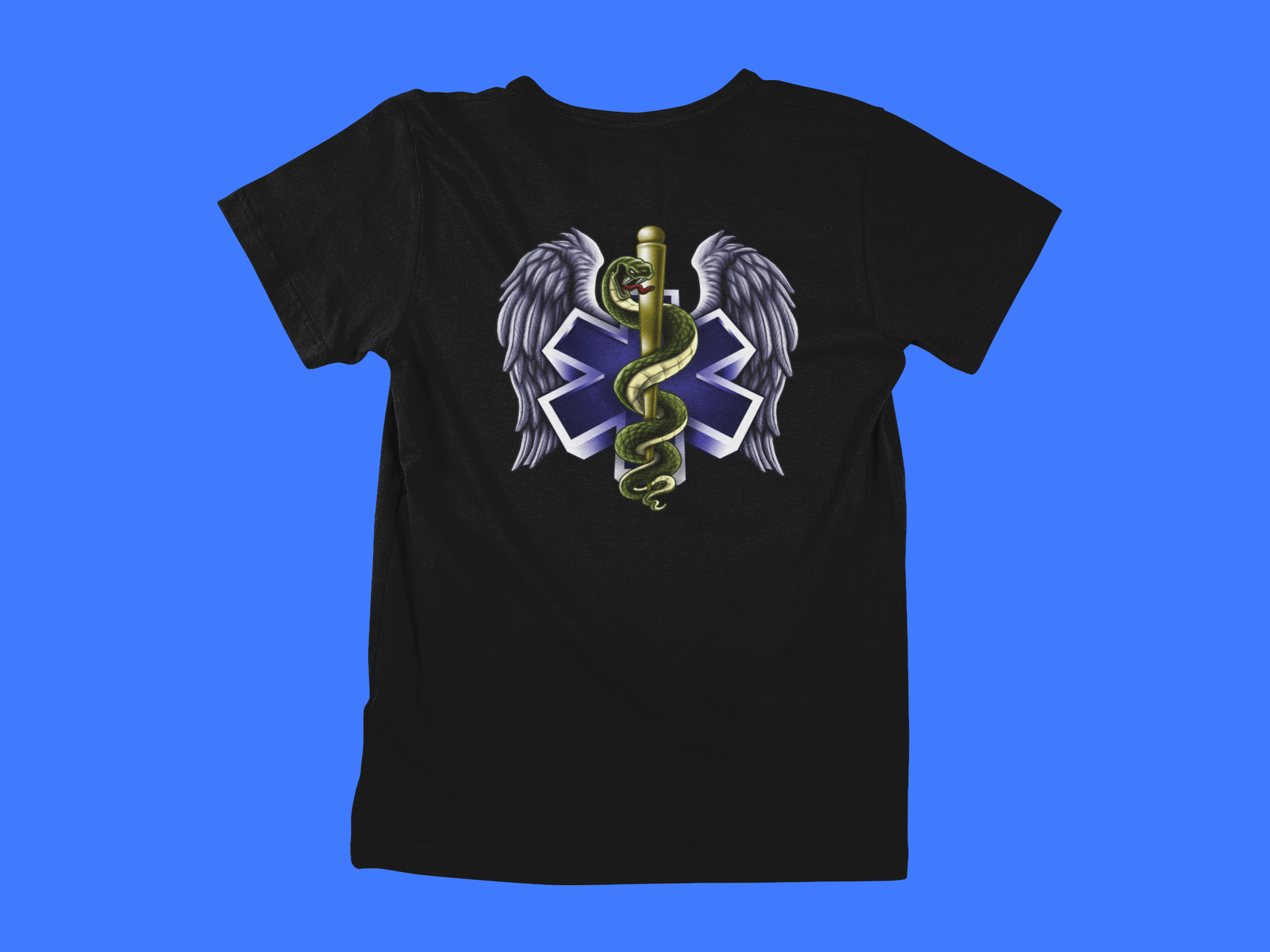 EMS Winged Serpent And Staff - back of tee