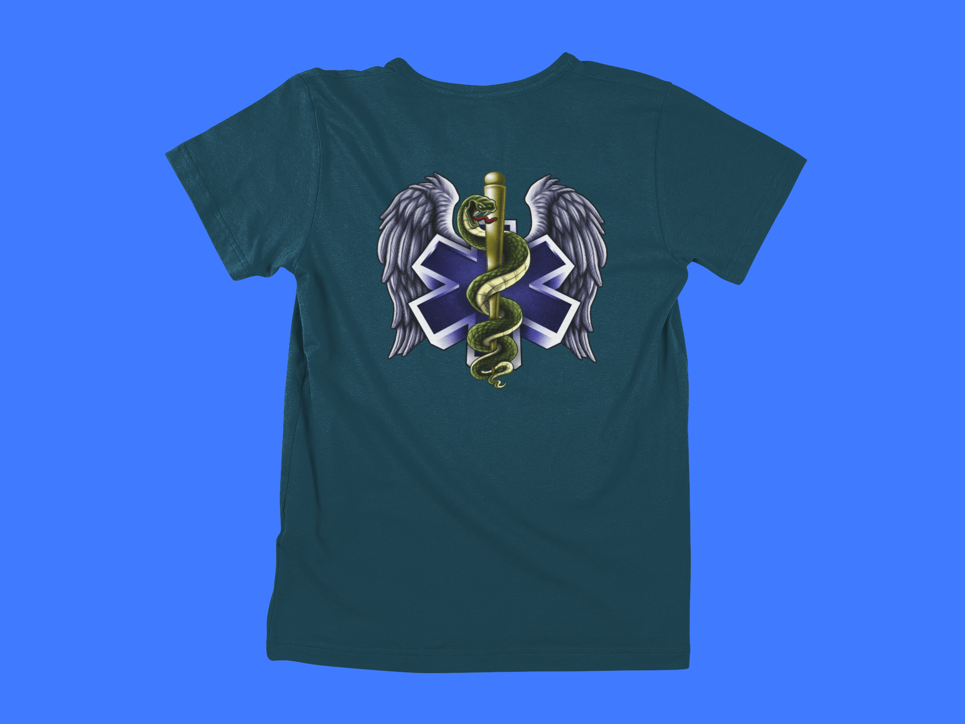 EMS Winged Serpent And Staff - back of tee