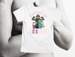 Load image into Gallery viewer, Fighting For Boobies - White With Pink Letters (2 Ribbons as O&#39;s) - back of tee
